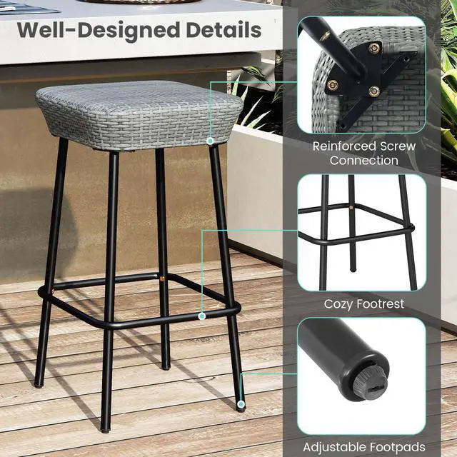 Alt view image 7 of 7 - SlickBlue Patio Bar Stools Set of 2 with Rattan Seat and Footrest
