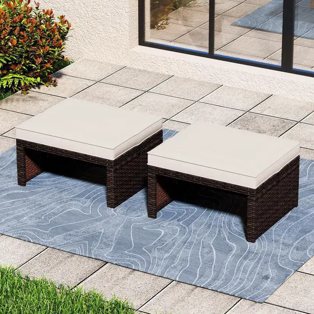 Alt view image 2 of 7 - SlickBlue 2-Piece PE Rattan Patio Ottomans for Outdoor Seating, Footrests, or Table Use
