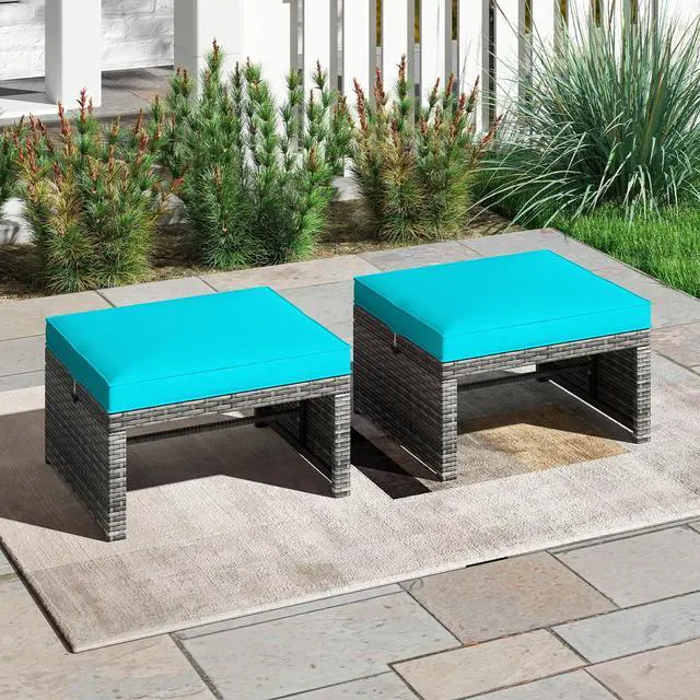 Alt view image 2 of 7 - SlickBlue 2 Patio Rattan Ottomans with Soft Cushions for Deck, Garden, or Poolside Seating