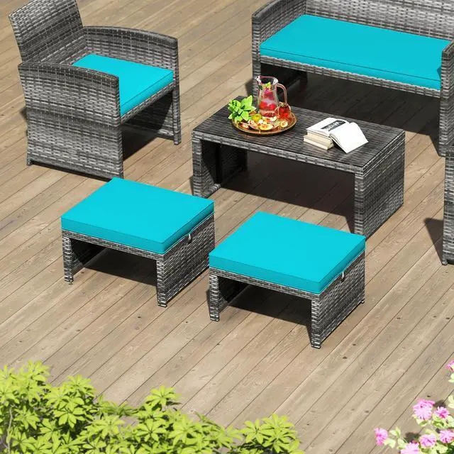 Alt view image 3 of 7 - SlickBlue 2 Patio Rattan Ottomans with Soft Cushions for Deck, Garden, or Poolside Seating