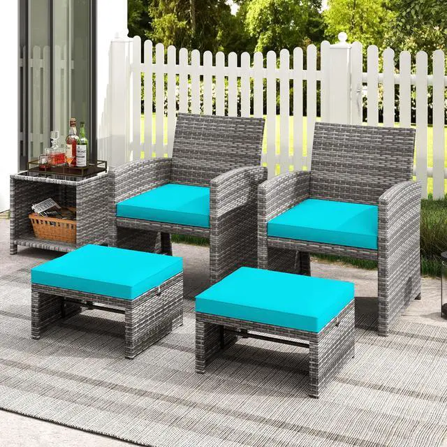 Alt view image 5 of 7 - SlickBlue 2 Patio Rattan Ottomans with Soft Cushions for Deck, Garden, or Poolside Seating