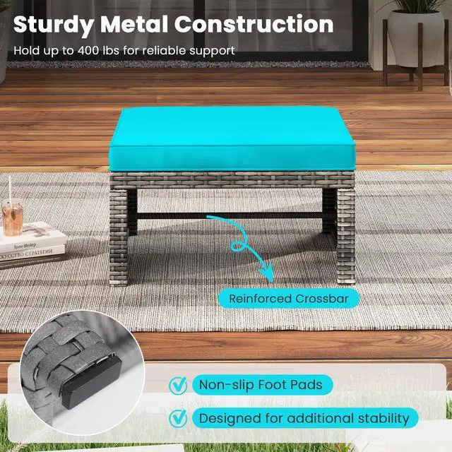 Alt view image 6 of 7 - SlickBlue 2 Patio Rattan Ottomans with Soft Cushions for Deck, Garden, or Poolside Seating