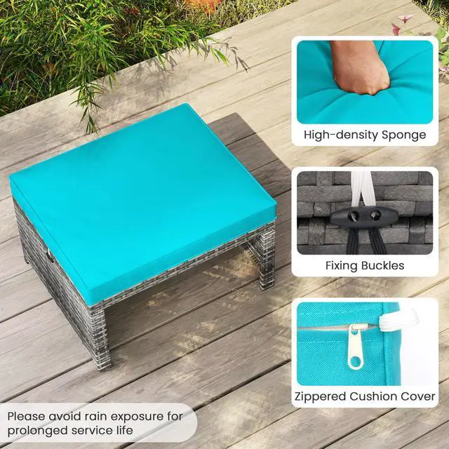 Alt view image 7 of 7 - SlickBlue 2 Patio Rattan Ottomans with Soft Cushions for Deck, Garden, or Poolside Seating