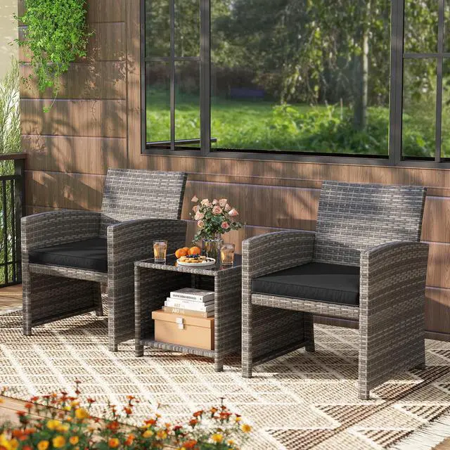 Alt view image 3 of 7 - SlickBlue 3 Pieces Patio Furniture Set with Tempered Glass Coffee Table and Soft Seat Cushions