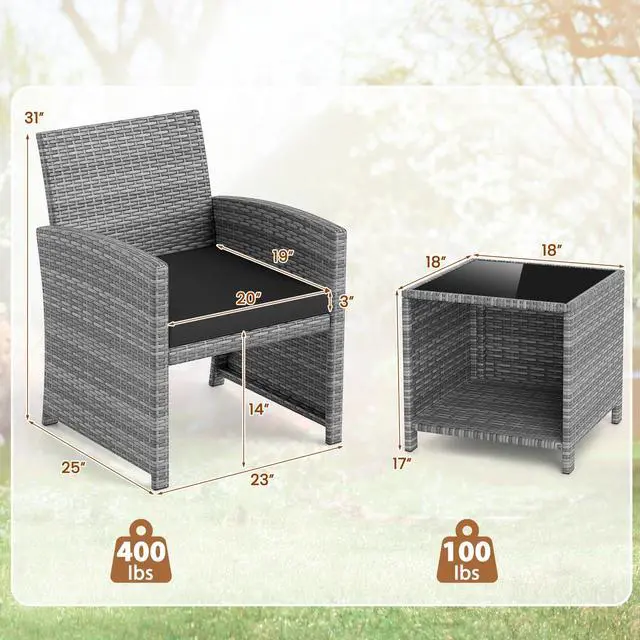 Alt view image 5 of 7 - SlickBlue 3 Pieces Patio Furniture Set with Tempered Glass Coffee Table and Soft Seat Cushions