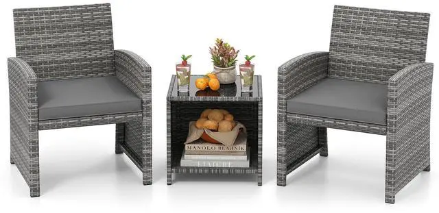 Alt view image 2 of 2 - SlickBlue Patio Seating Set with 2 Cushioned Chairs and Tempered Glass Table, 3-Piece Design