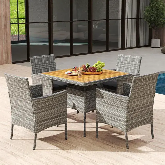 Alt view image 2 of 7 - SlickBlue 5 Pieces PE Wicker Patio Dining Set Outdoor Acacia Wood Table and Chairs
