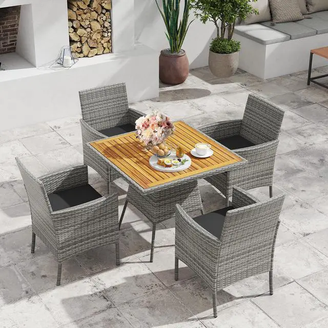 Alt view image 3 of 7 - SlickBlue 5 Pieces PE Wicker Patio Dining Set Outdoor Acacia Wood Table and Chairs