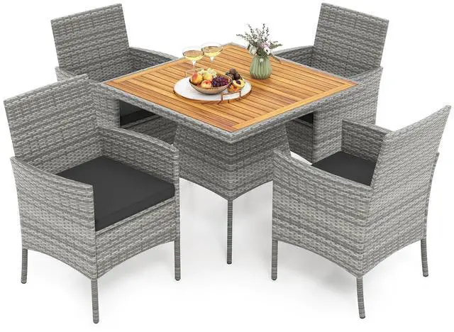 Alt view image 4 of 7 - SlickBlue 5 Pieces PE Wicker Patio Dining Set Outdoor Acacia Wood Table and Chairs