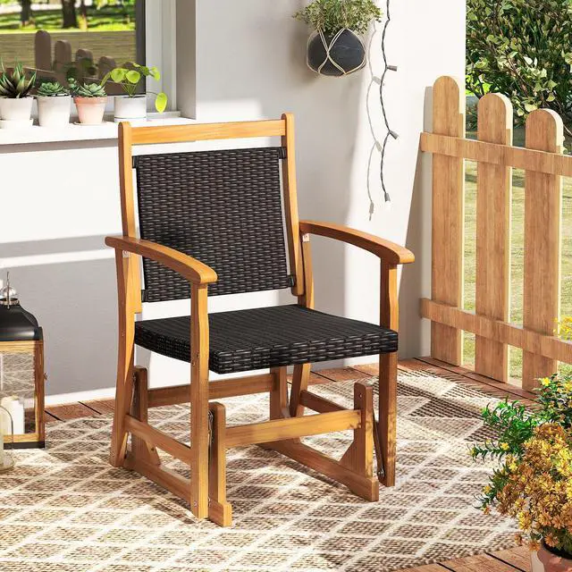 Alt view image 2 of 6 - SlickBlue Patio Rattan Glider Chair with Acacia Wood Frame and Wicker Seat Back