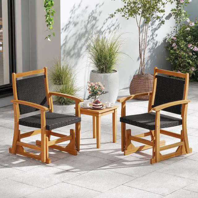 Alt view image 3 of 6 - SlickBlue Patio Rattan Glider Chair with Acacia Wood Frame and Wicker Seat Back