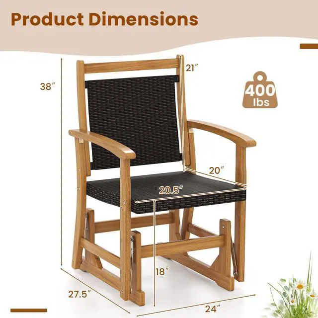 Alt view image 4 of 6 - SlickBlue Patio Rattan Glider Chair with Acacia Wood Frame and Wicker Seat Back
