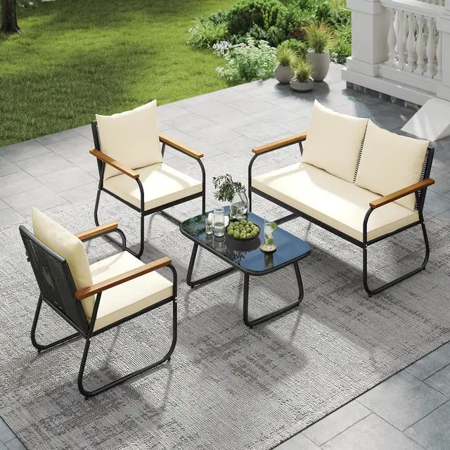 Alt view image 2 of 7 - SlickBlue 4 Pieces Patio Furniture Set with Tempered Glass Coffee Table