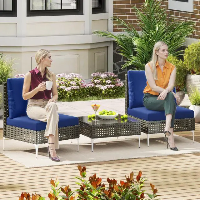 Alt view image 6 of 7 - SlickBlue 3 Pieces PE Rattan Conversation Chairs with Tempered Glass Coffee Table for Garden Porch-Navy