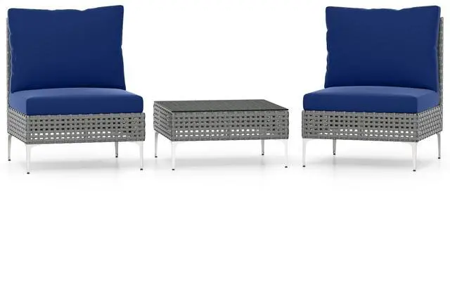 Alt view image 3 of 7 - SlickBlue 3 Pieces PE Rattan Conversation Chairs with Tempered Glass Coffee Table for Garden Porch-Navy