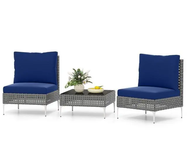Alt view image 4 of 7 - SlickBlue 3 Pieces PE Rattan Conversation Chairs with Tempered Glass Coffee Table for Garden Porch-Navy