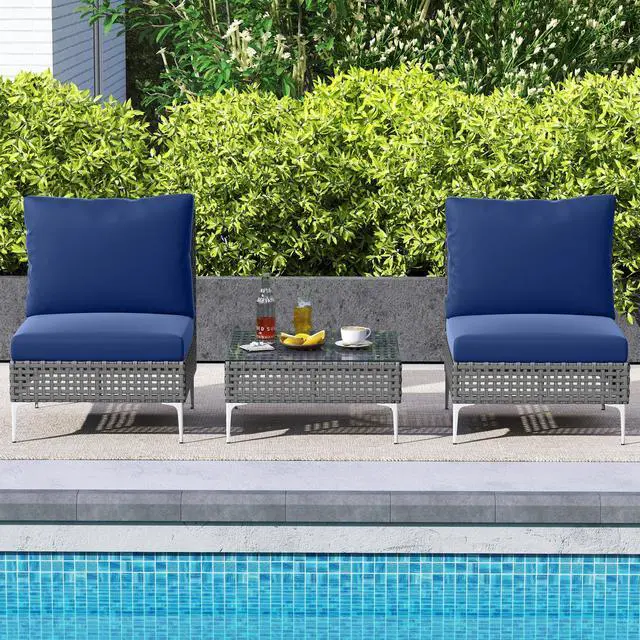 Alt view image 2 of 7 - SlickBlue 3 Pieces PE Rattan Conversation Chairs with Tempered Glass Coffee Table for Garden Porch-Navy