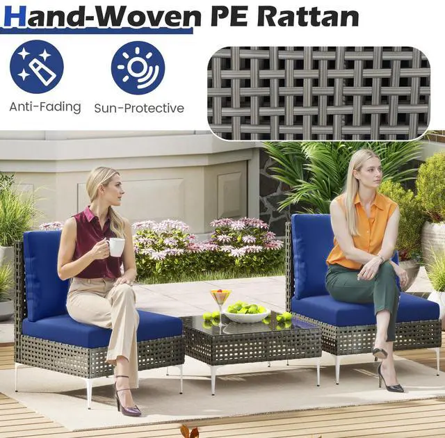 Alt view image 7 of 7 - SlickBlue 3 Pieces PE Rattan Conversation Chairs with Tempered Glass Coffee Table for Garden Porch-Navy