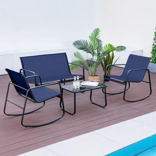 Alt view image 2 of 7 - SlickBlue 4 Piece Patio Rocking Set with Glass-Top Table-Navy