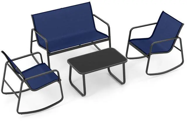 Alt view image 3 of 7 - SlickBlue 4 Piece Patio Rocking Set with Glass-Top Table-Navy