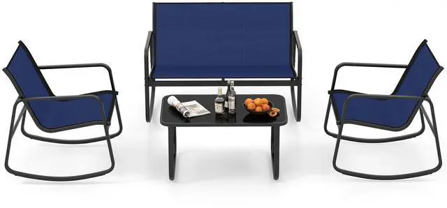 Alt view image 4 of 7 - SlickBlue 4 Piece Patio Rocking Set with Glass-Top Table-Navy