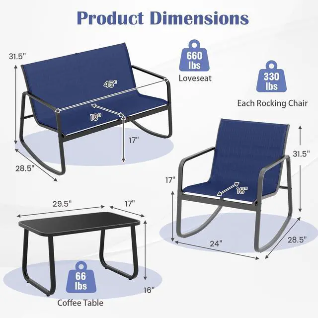 Alt view image 5 of 7 - SlickBlue 4 Piece Patio Rocking Set with Glass-Top Table-Navy