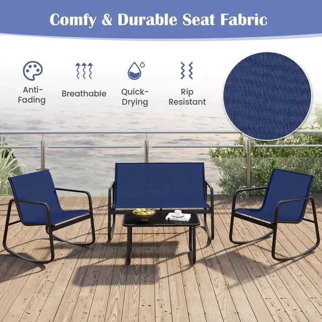 Alt view image 7 of 7 - SlickBlue 4 Piece Patio Rocking Set with Glass-Top Table-Navy