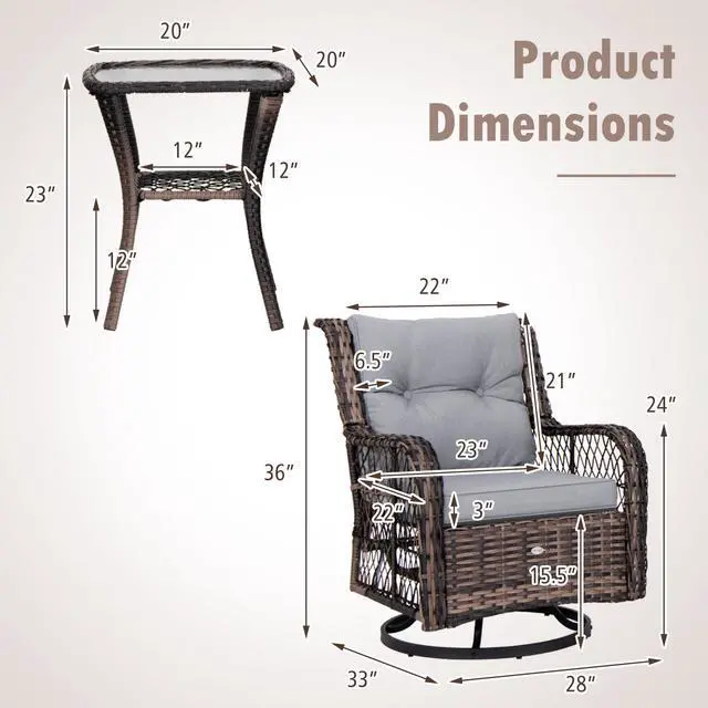 Alt view image 5 of 7 - SlickBlue 3 Pieces Outdoor Swivel Rocker Set with Small Side Table-Grey