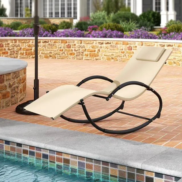 Alt view image 2 of 7 - SlickBlue Outdoor Rocking Lounge Chair with Removable Headrest-Beige