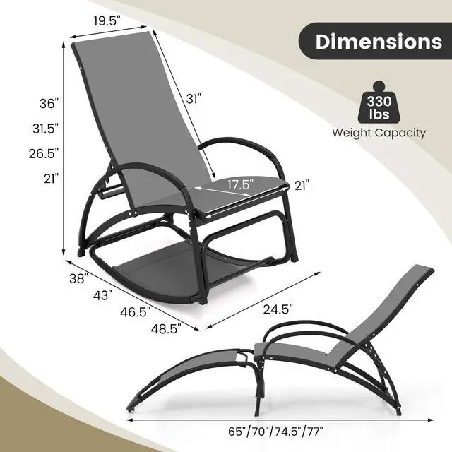 Alt view image 5 of 7 - SlickBlue 2-in-1 Outdoor Rocking Chair with 4-Position Adjustable Backrest for Patio Porch Poolside-Grey