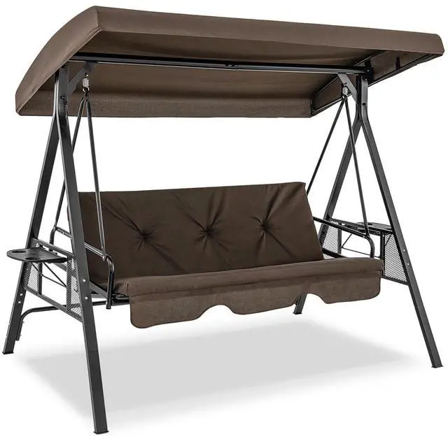 Alt view image 3 of 7 - SlickBlue Convertible 3-Seat Patio Porch Swing Chair to Flat Bed with Adjustable Canopy-Brown