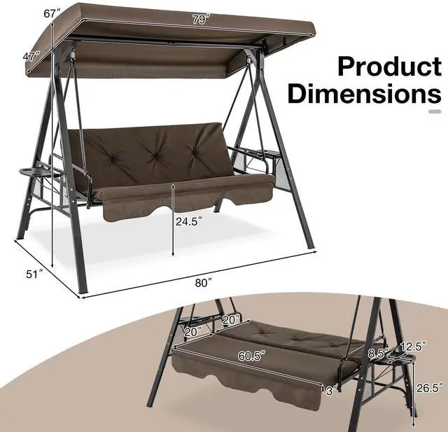 Alt view image 4 of 7 - SlickBlue Convertible 3-Seat Patio Porch Swing Chair to Flat Bed with Adjustable Canopy-Brown