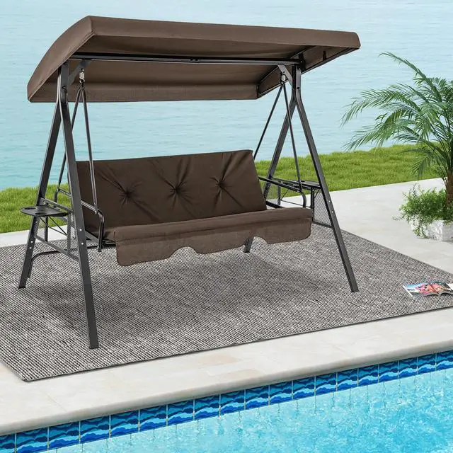 Main image of SlickBlue Convertible 3-Seat Patio Porch Swing Chair to Flat Bed with Adjustable Canopy-Brown