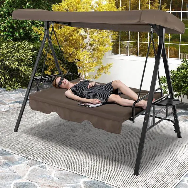 Alt view image 2 of 7 - SlickBlue Convertible 3-Seat Patio Porch Swing Chair to Flat Bed with Adjustable Canopy-Brown