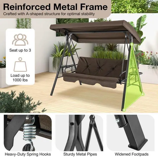 Alt view image 6 of 7 - SlickBlue Convertible 3-Seat Patio Porch Swing Chair to Flat Bed with Adjustable Canopy-Brown