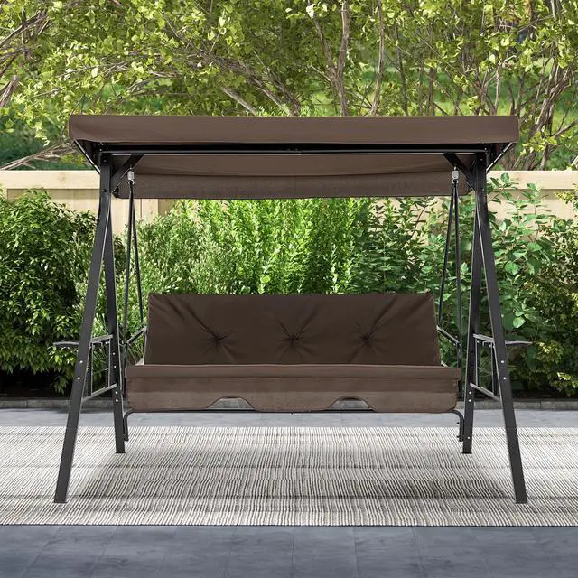 Alt view image 5 of 7 - SlickBlue Convertible 3-Seat Patio Porch Swing Chair to Flat Bed with Adjustable Canopy-Brown