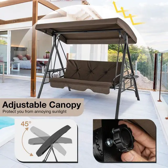 Alt view image 7 of 7 - SlickBlue Convertible 3-Seat Patio Porch Swing Chair to Flat Bed with Adjustable Canopy-Brown