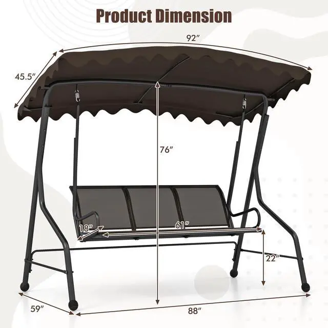 Alt view image 4 of 7 - SlickBlue 3-Seat Outdoor Porch Canopy Swing with Adjustable Shading-Brown