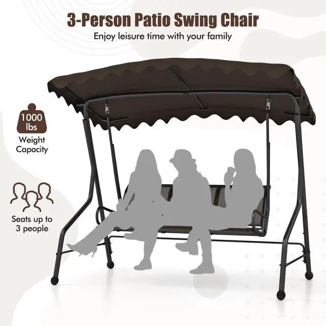 Alt view image 6 of 7 - SlickBlue 3-Seat Outdoor Porch Canopy Swing with Adjustable Shading-Brown