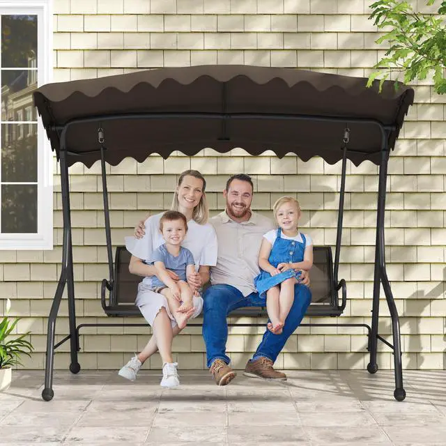 Alt view image 5 of 7 - SlickBlue 3-Seat Outdoor Porch Canopy Swing with Adjustable Shading-Brown