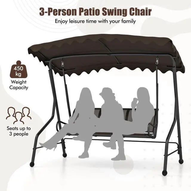 Alt view image 7 of 7 - SlickBlue 3-Seat Outdoor Porch Canopy Swing with Adjustable Shading-Brown