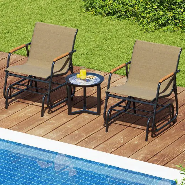 Alt view image 2 of 7 - SlickBlue Patio Glider Chair Set of 2 with Curved Teak Armrests and Breathable Fabric Seat-Brown
