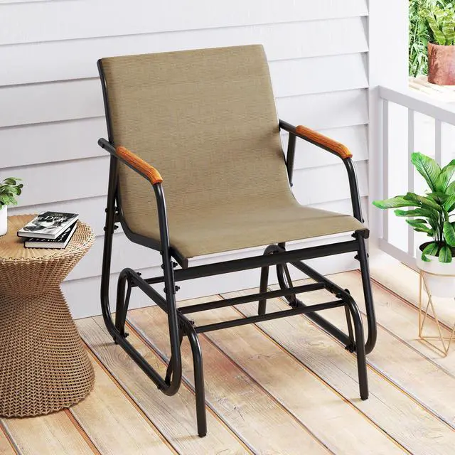 Alt view image 5 of 7 - SlickBlue Patio Glider Chair Set of 2 with Curved Teak Armrests and Breathable Fabric Seat-Brown