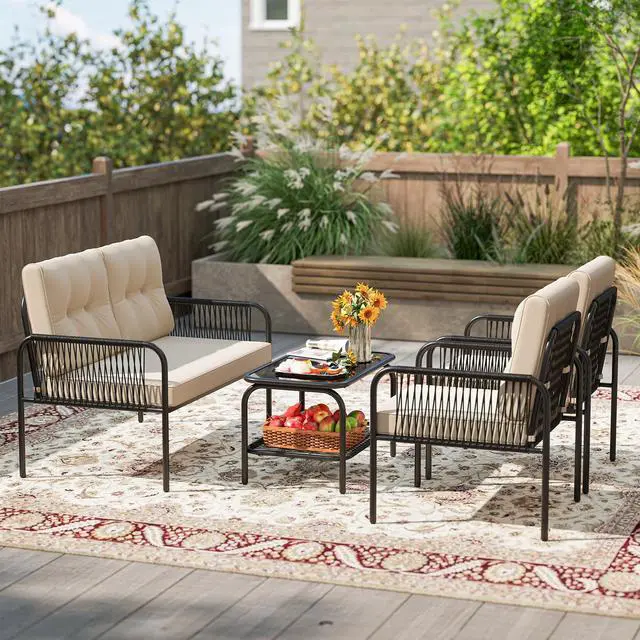 Main image of SlickBlue 4 Pieces Patio Furniture Set PE Rattan Sofa Chairs with Loveseat-Beige