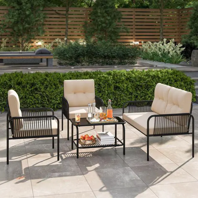 Alt view image 2 of 7 - SlickBlue 4 Pieces Patio Furniture Set PE Rattan Sofa Chairs with Loveseat-Beige