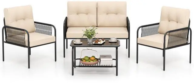 Alt view image 3 of 7 - SlickBlue 4 Pieces Patio Furniture Set PE Rattan Sofa Chairs with Loveseat-Beige