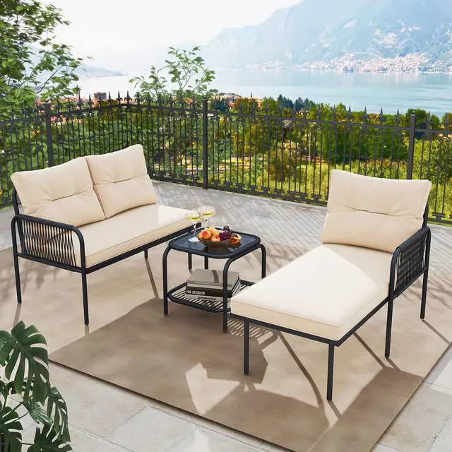 Alt view image 2 of 7 - SlickBlue 3-Piece L Shaped Patio Furniture Set PE Rattan Sectional Sofas-Beige