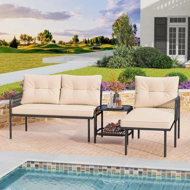 Main image of SlickBlue 3-Piece L Shaped Patio Furniture Set PE Rattan Sectional Sofas-Beige