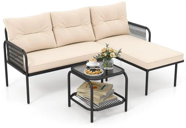 Alt view image 3 of 7 - SlickBlue 3-Piece L Shaped Patio Furniture Set PE Rattan Sectional Sofas-Beige