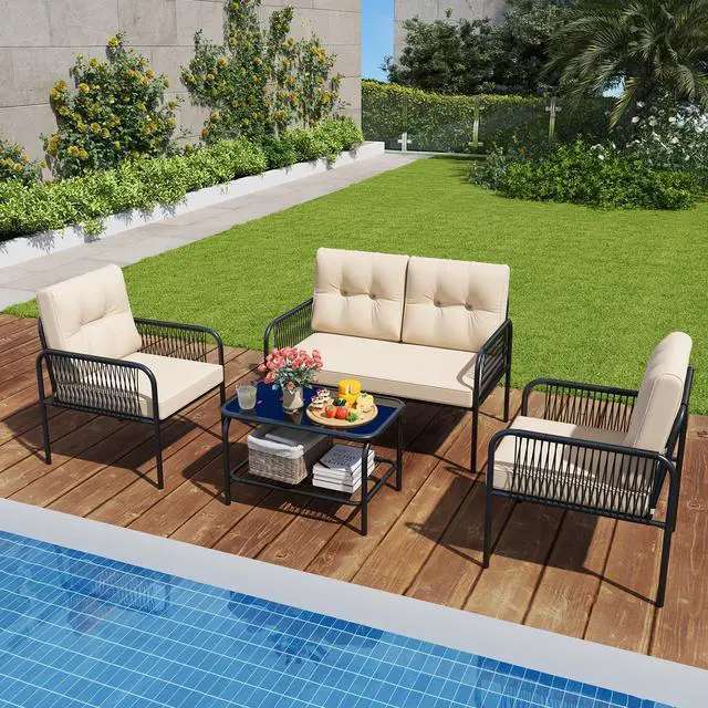 Alt view image 6 of 7 - SlickBlue 4 Pieces Patio Furniture Set PE Rattan Sofa Chairs with Loveseat-Beige